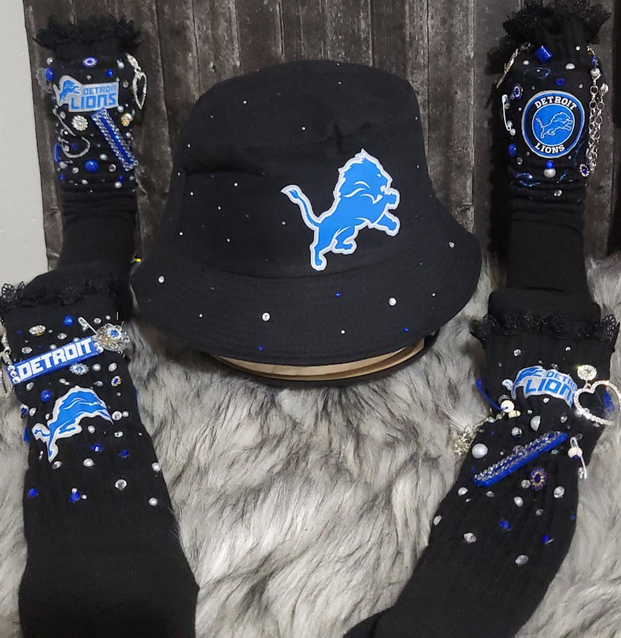 Custom Rhinestone Lions Bucket Hat & Junk Sock Set