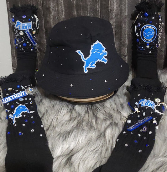 Custom Rhinestone Lions Bucket Hat & Junk Sock Set